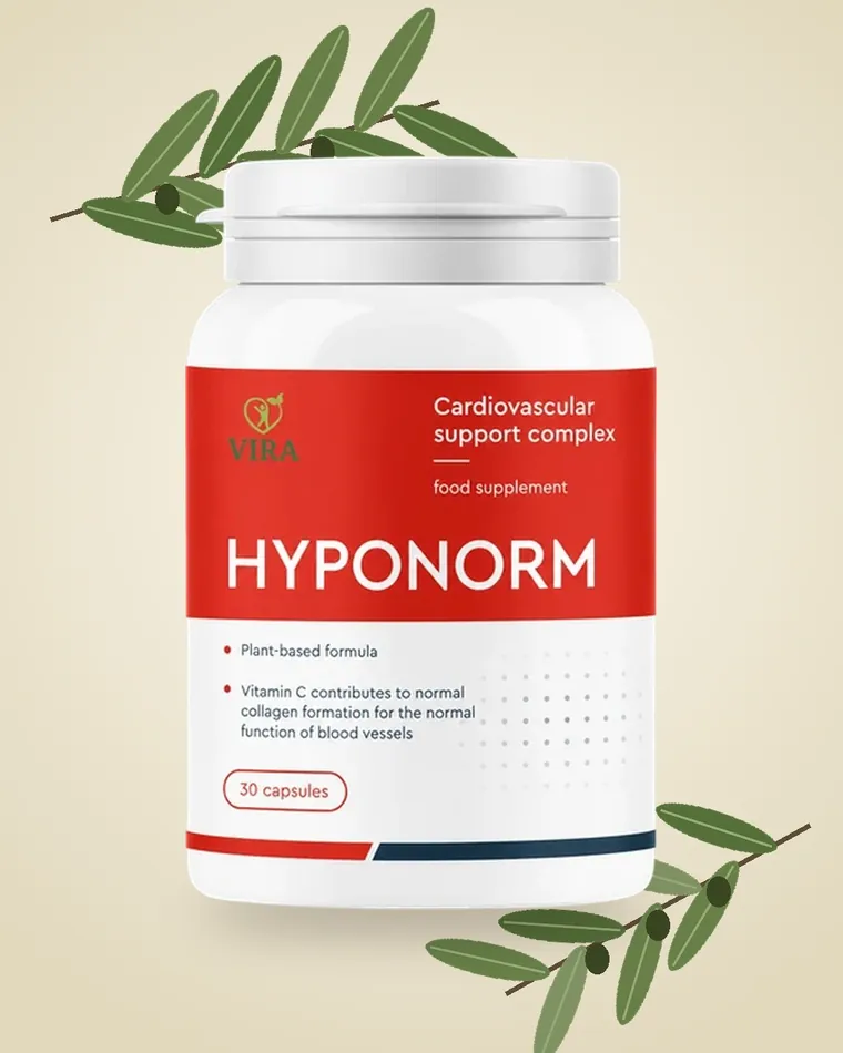 Barattolo di HypoNorm su fondo crema con rametti d’olivo